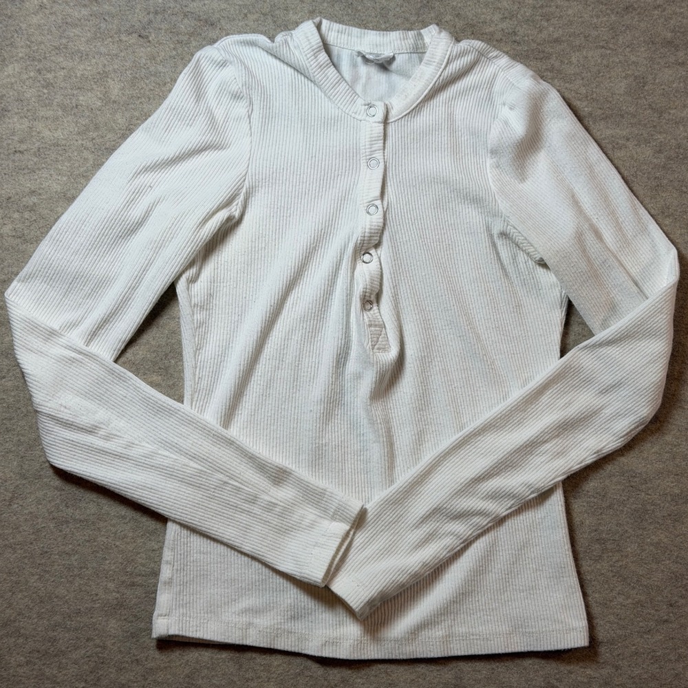 Cotton On Womens White Ribbed Long Sleeve Henley Top Size XS Snap Button